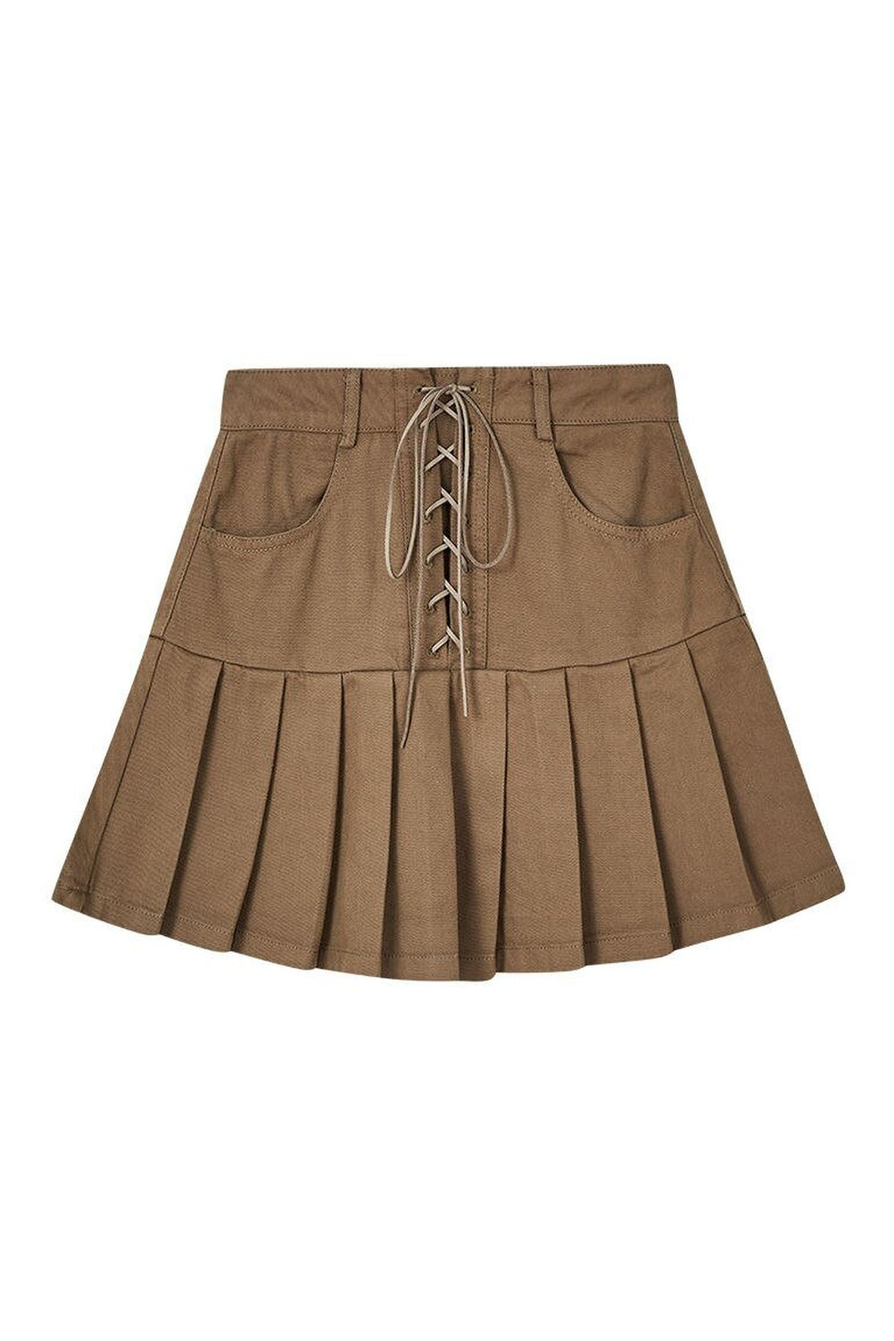 Khaki Denim Pleated High Waist Skirt, stylish.