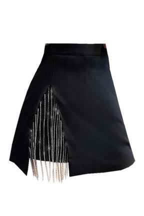 Black Diamond Chain Mini Skirt shimmers elegantly.