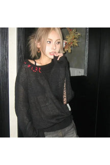 Distressed Gothic black sweater for fall style.