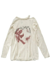 Cozy Fall Distressed Graffiti Oversized Sweater in White.