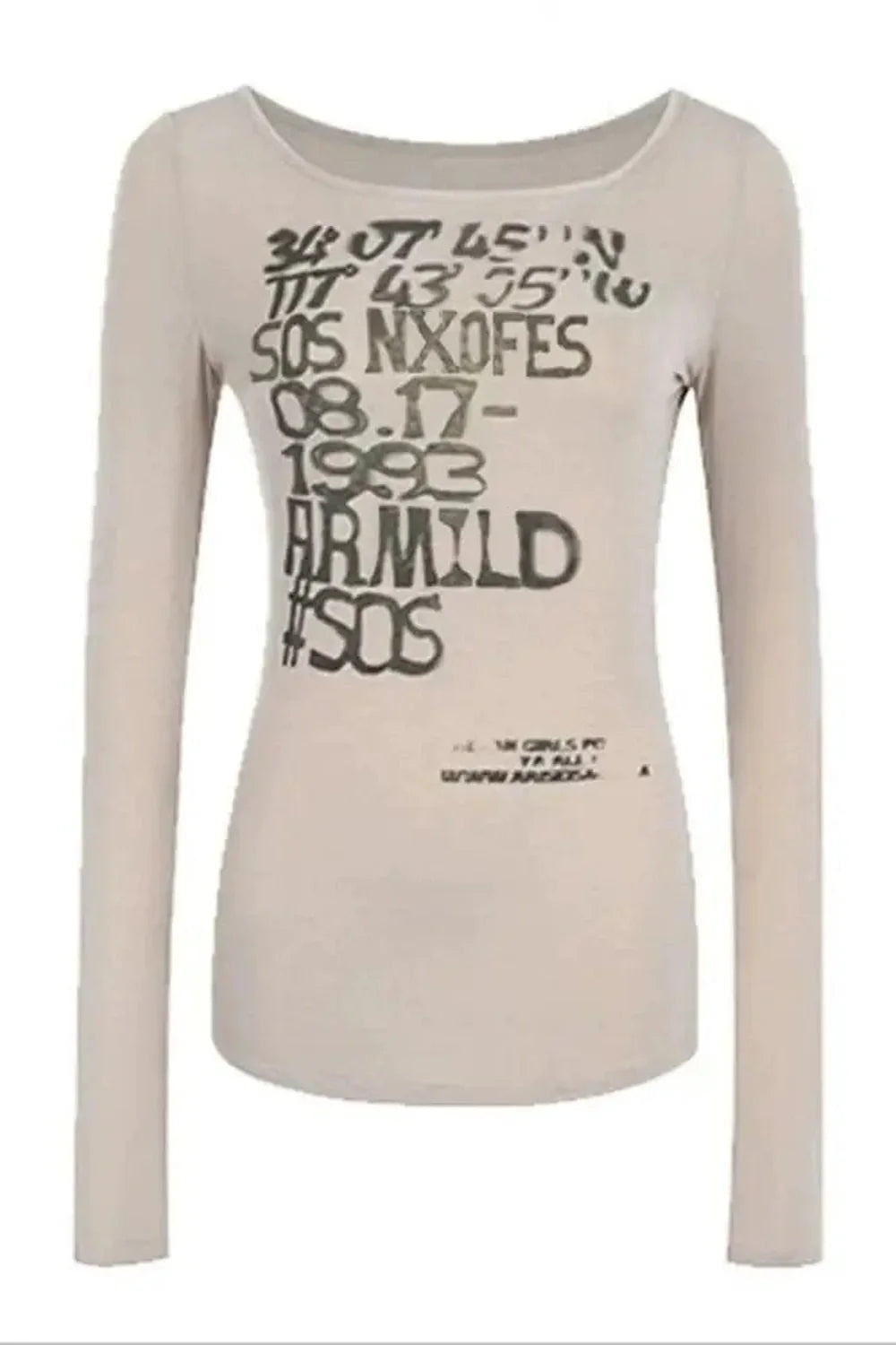 Khaki distressed graphic long sleeve top with edgy design.