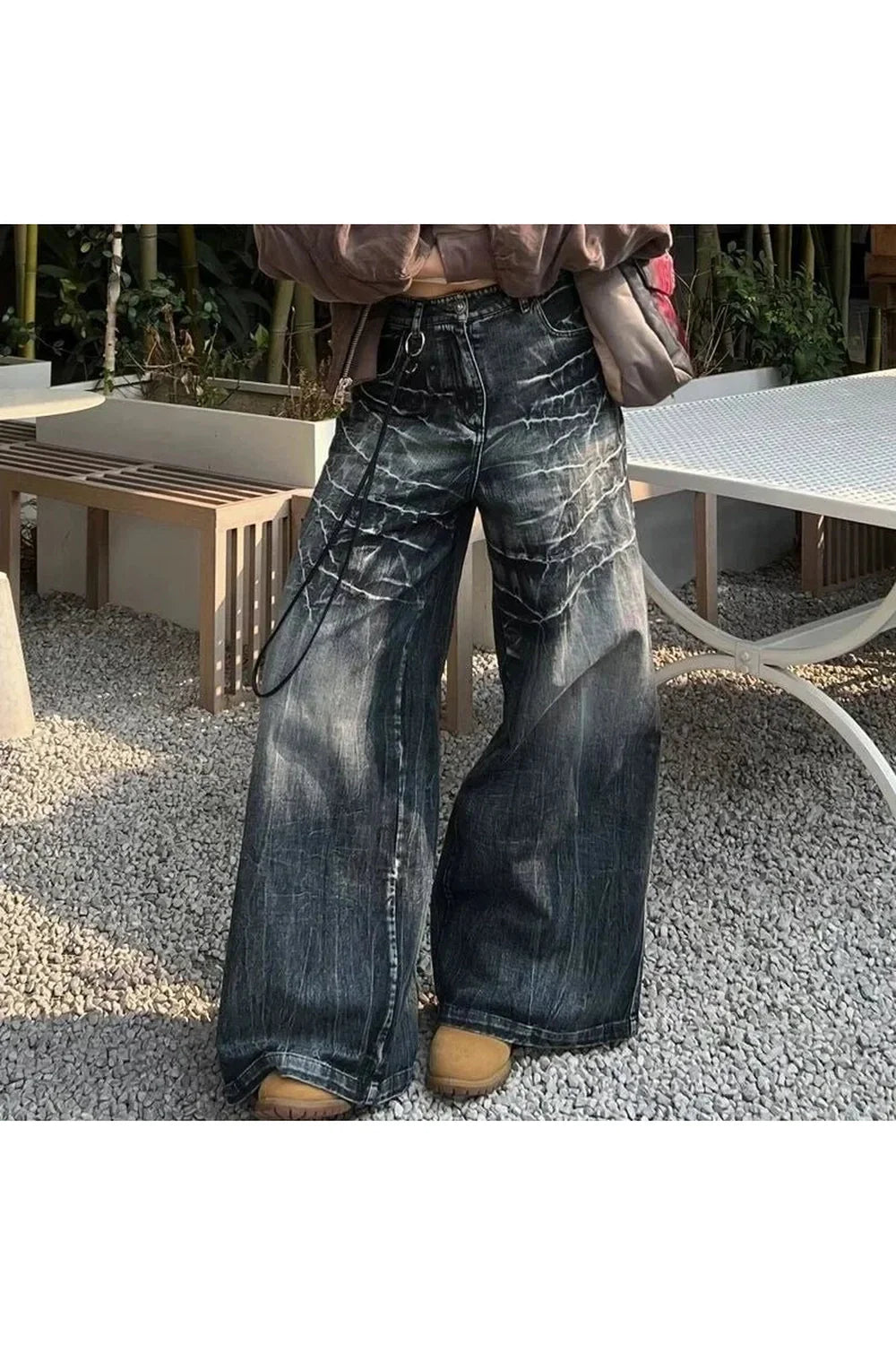 Distressed marble wash wide-leg jeans, photo, fashionable.