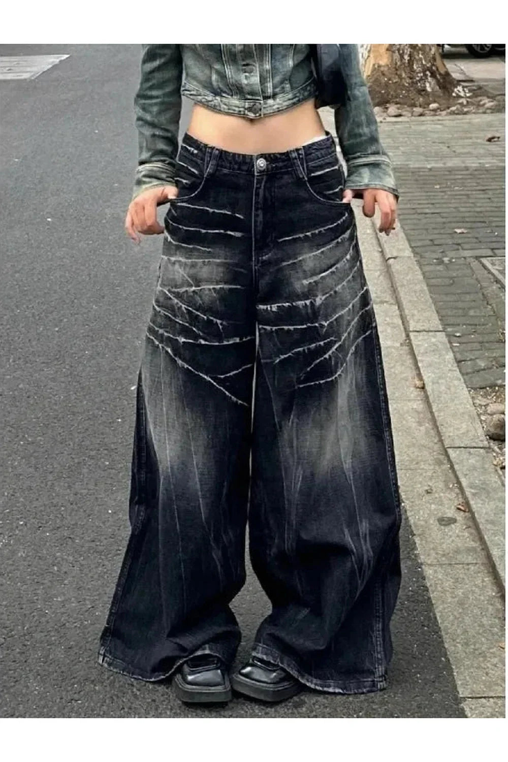 Distressed Marble Wash Wide-Leg Jeans