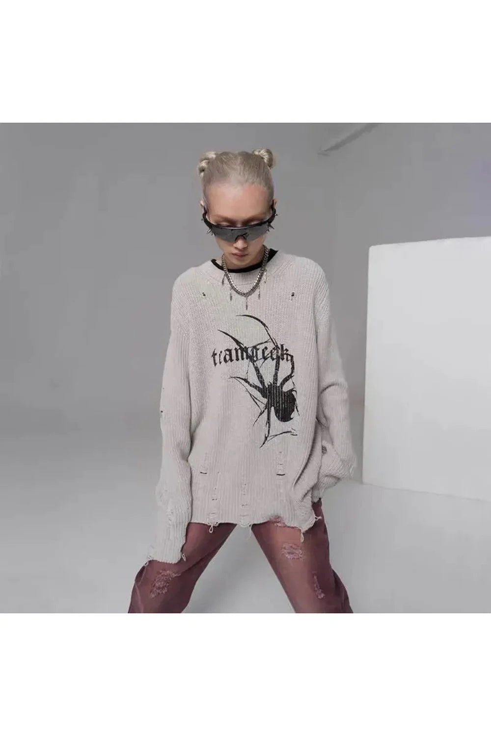 Distressed Spider Graphic Sweater