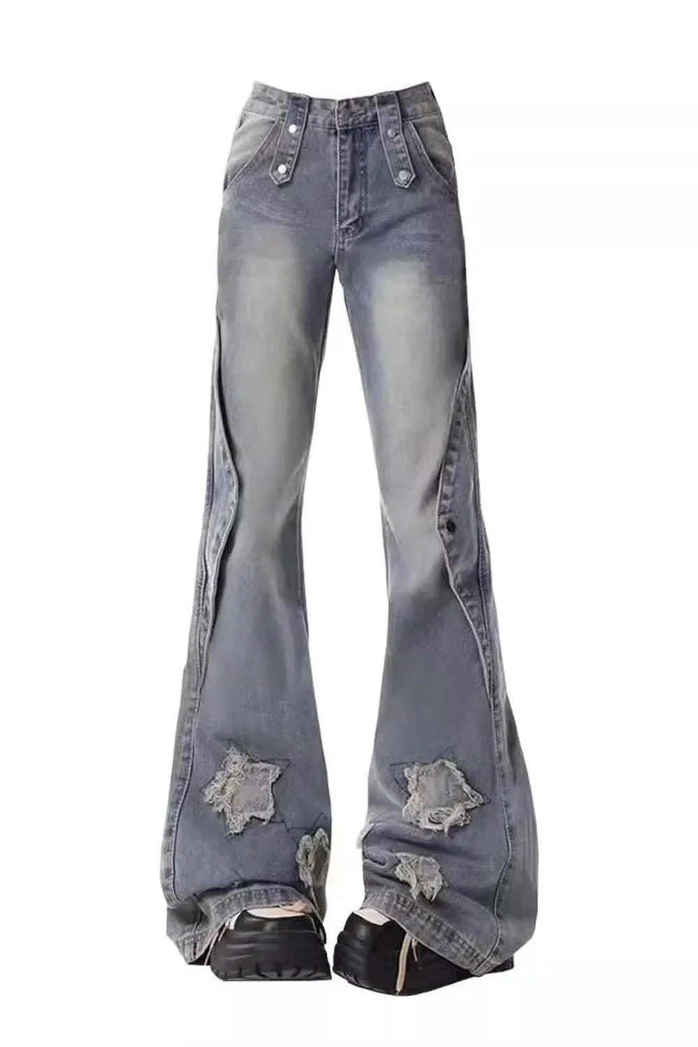 Blue Fall Distressed Star Flare Jeans with stars.