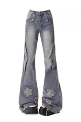 Blue Fall Distressed Star Flare Jeans with stars.