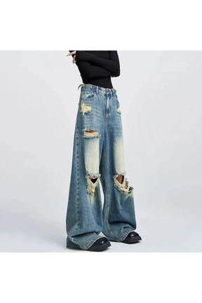 Blue Fall Distressed Wide-Leg Jeans, trendy denim style.