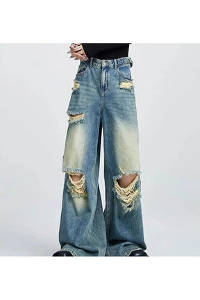 Blue Fall Distressed Wide-Leg Jeans, trendy denim style.