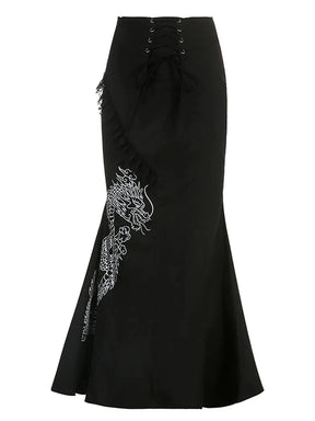 Black Dragon Embroidered Gothic Maxi Skirt: Intricately designed.