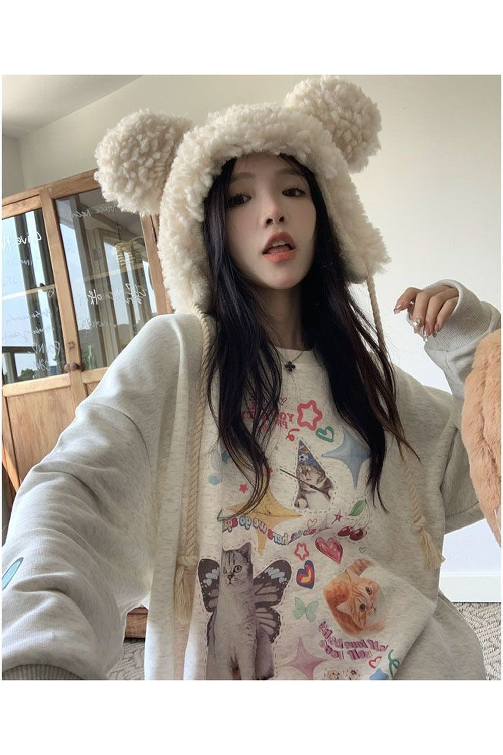 Fall Dreamcore Cat Print Long Sleeve Hoodie