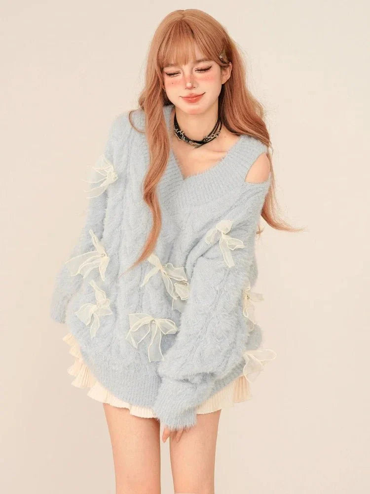 Cozy Dreamy Bow-Tied Sweater in SKY BLUE.