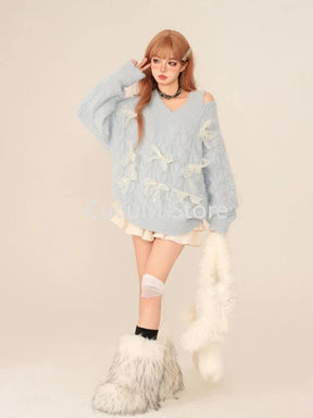 Cozy Dreamy Bow-Tied Sweater in SKY BLUE.