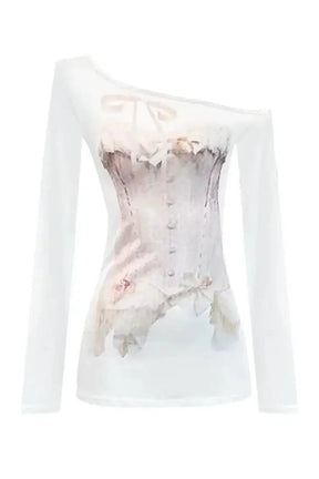 Off-shoulder white top with dreamy corset illusion.