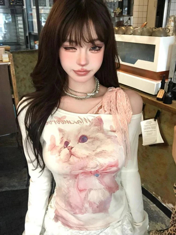 White Dreamy Feline Graphic Top with chic design.