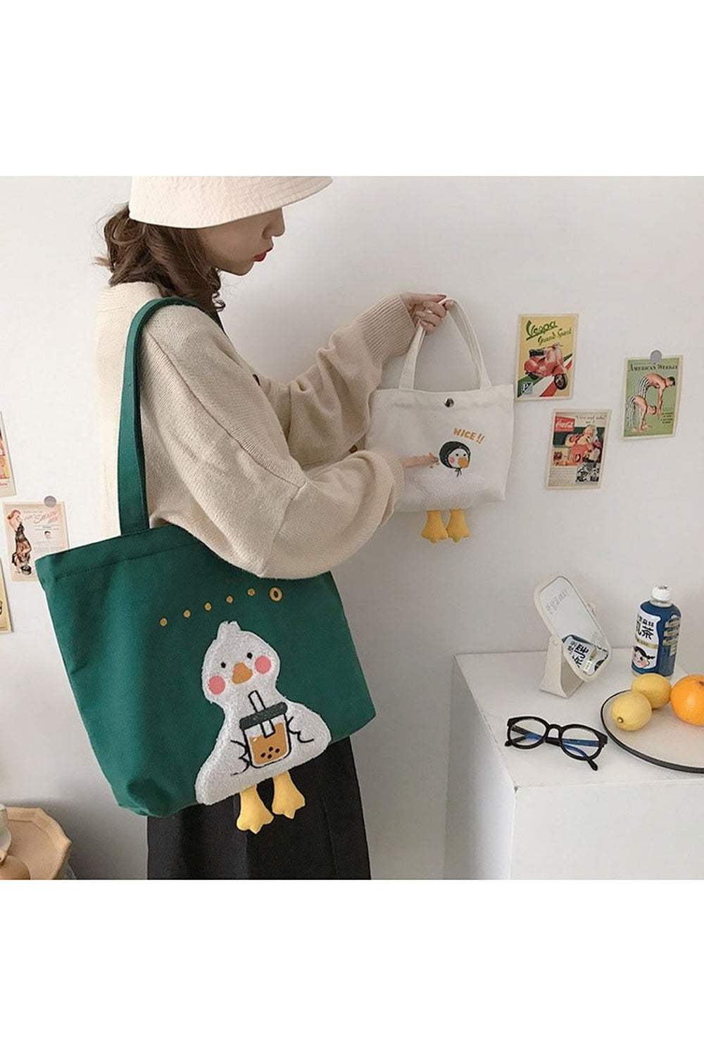 Duck Embroidery Canvas Bag