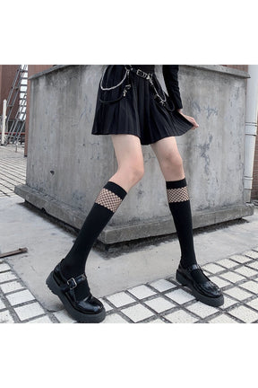 Stylish E-girl & Goth velvet mesh black socks.