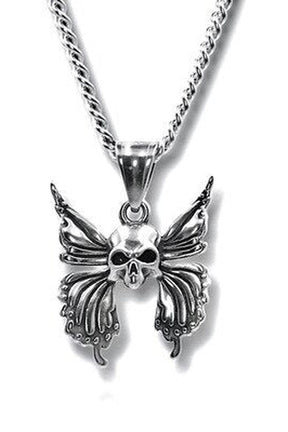 Edgy butterfly skull necklace Variant B with flowers.