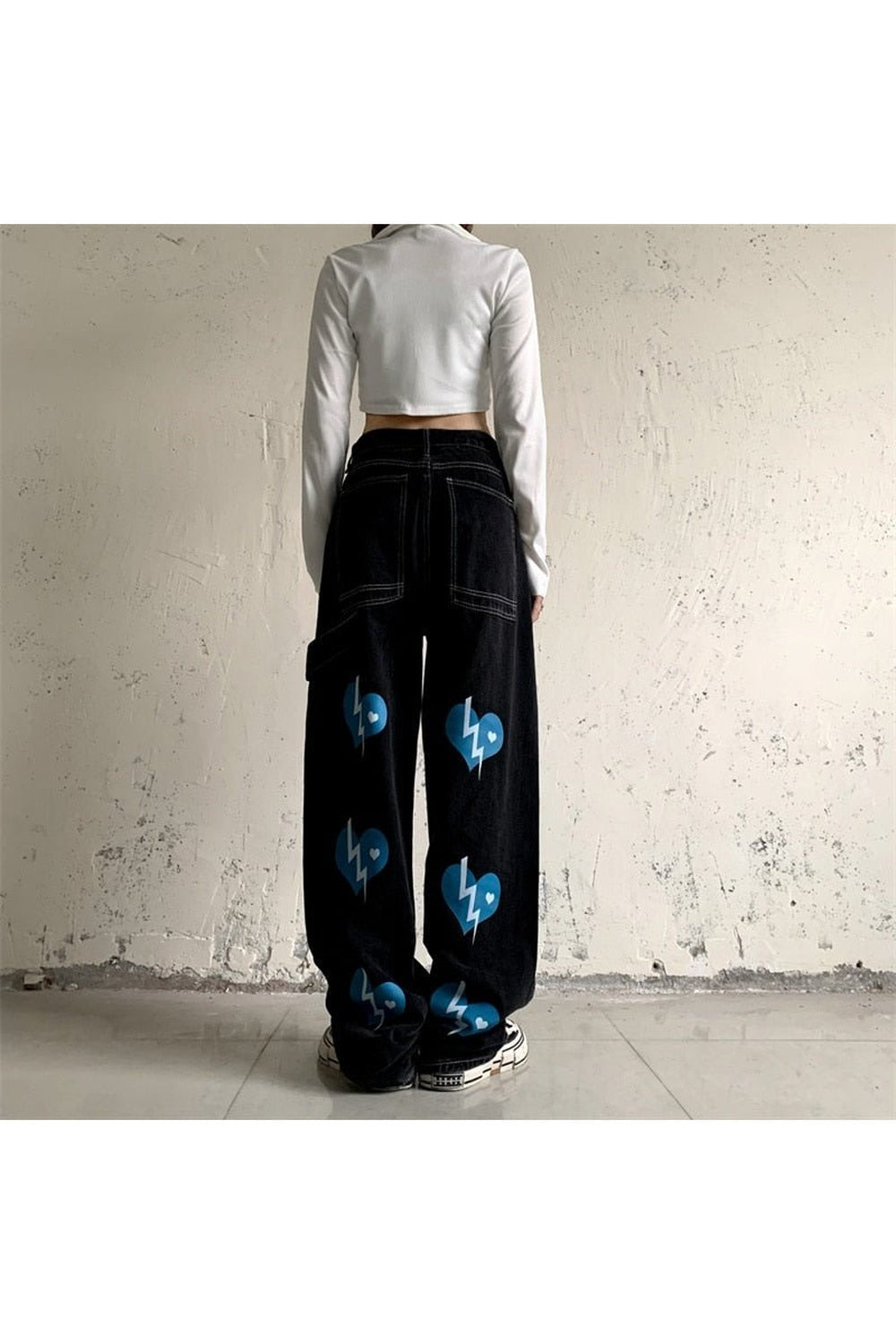 Fall Egirl Heart Lightning Jeans in black, trendy.