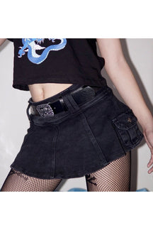 Stylish EGirl Mini Skirt with Skull Belt in Black.