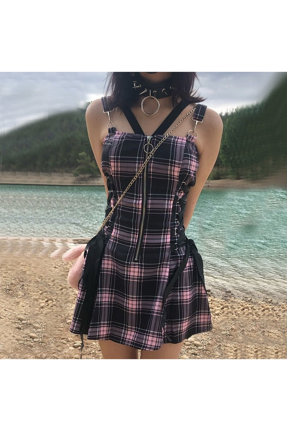 Plaid punk dress in bold black.