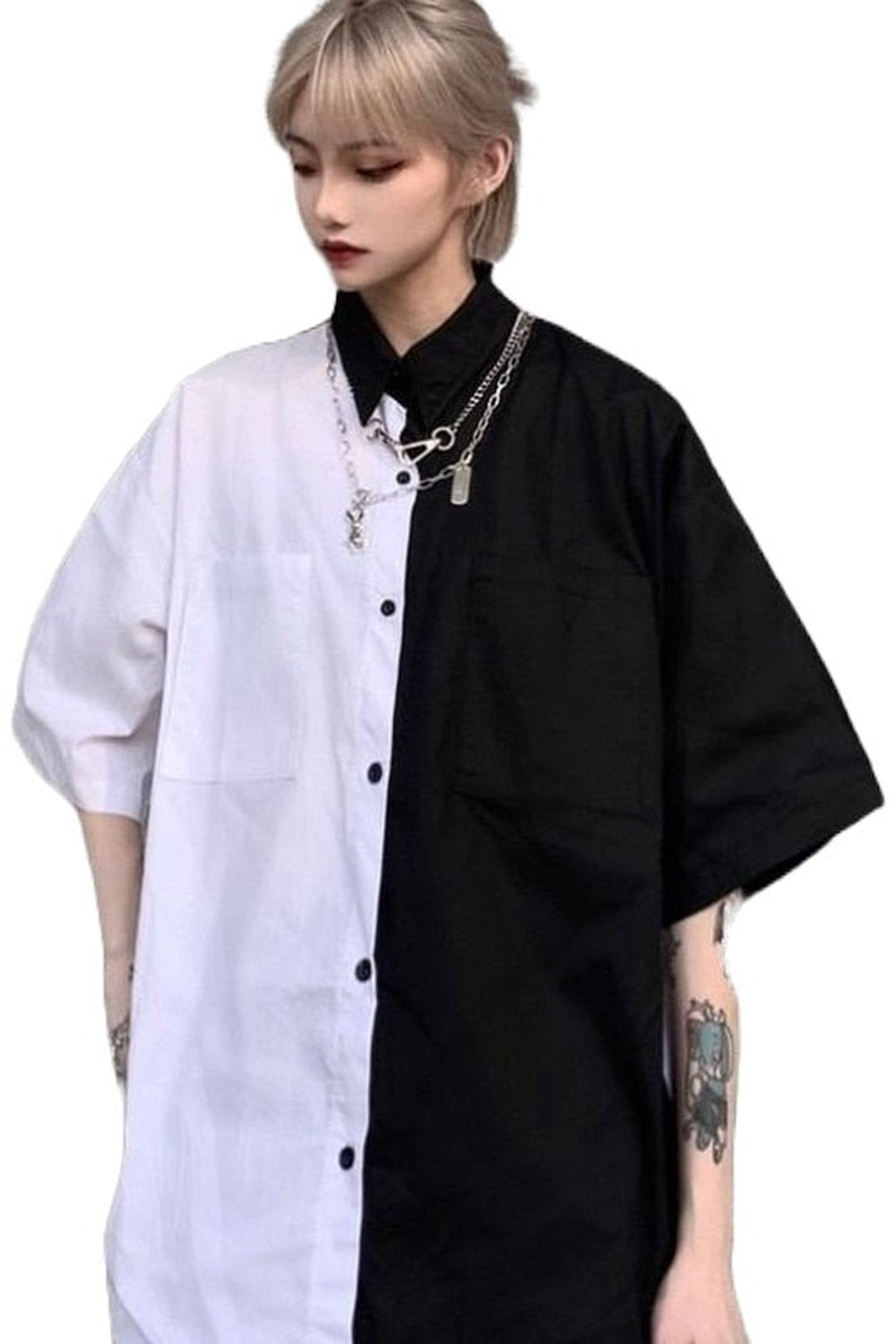 Stylish Egirl Summer Shirt featuring patches, no necklace.