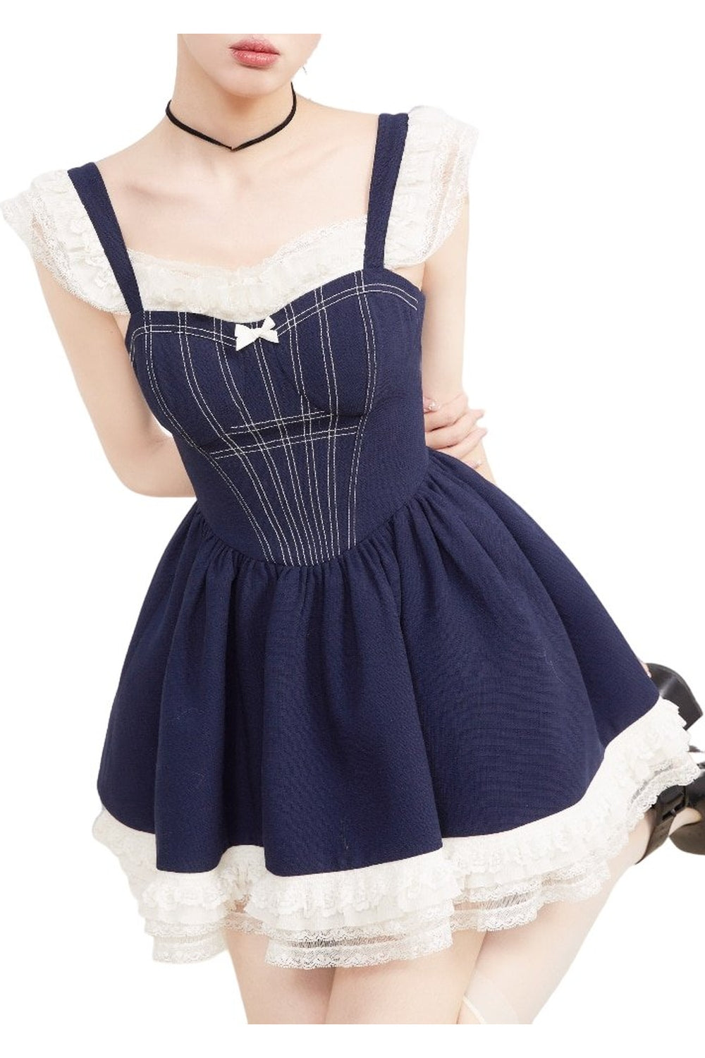 Elegant Lace Mini Dress in Blue Short Sleeve, charming.