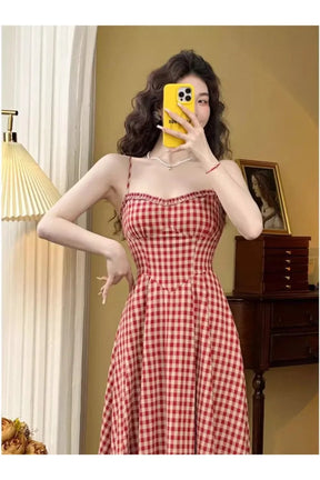 Elegant Plaid Midi Dress in Red, sophisticated design.