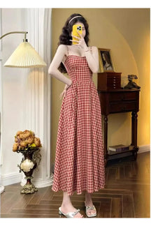 Elegant Plaid Midi Dress in Red, sophisticated design.