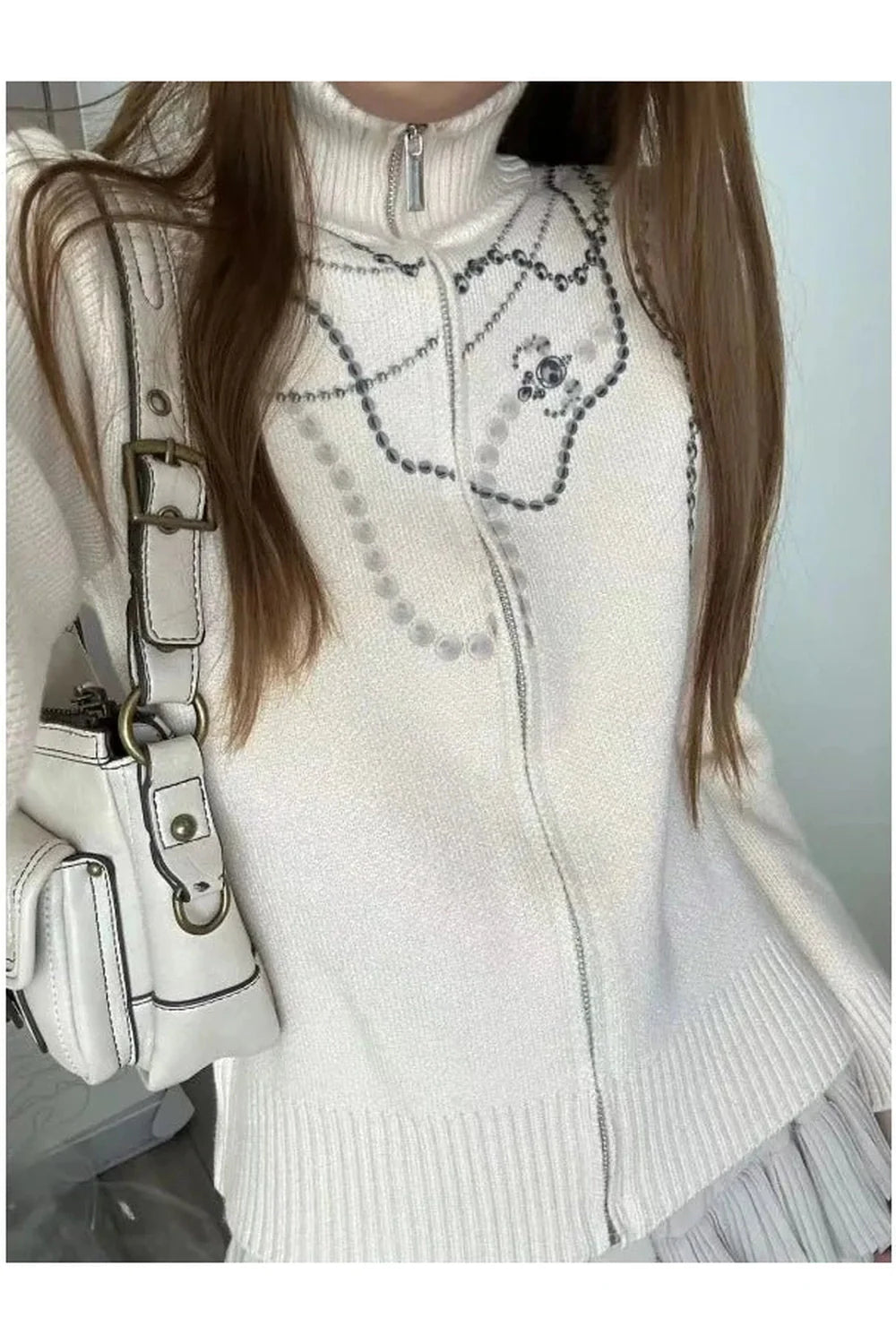 Fall Embroidered Cream Zip Cardigan