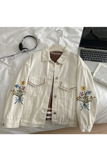 Stylish Beige Fall Denim Jacket with Embroidery.