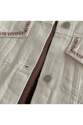 Stylish Beige Fall Denim Jacket with Embroidery.