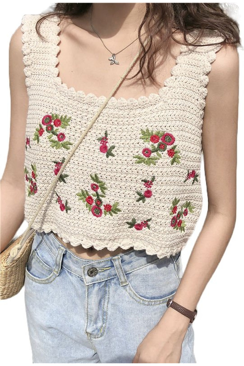 Embroidered Sleeveless Crop Top