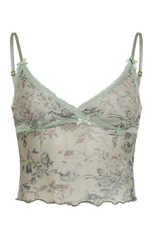 Green lace camisole crop top in garden motif.