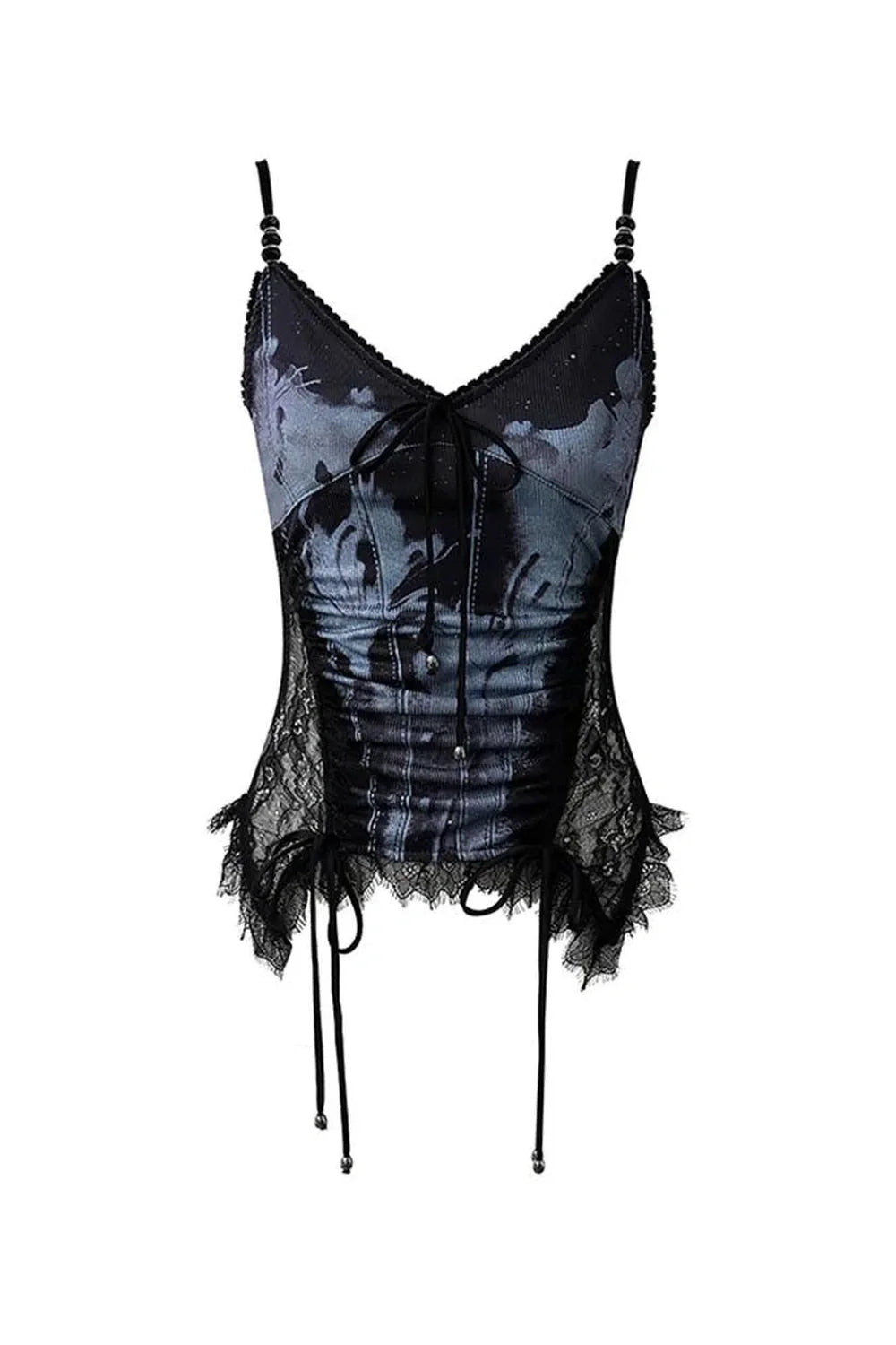 Black lace-up corset top, ethereal and alluring.