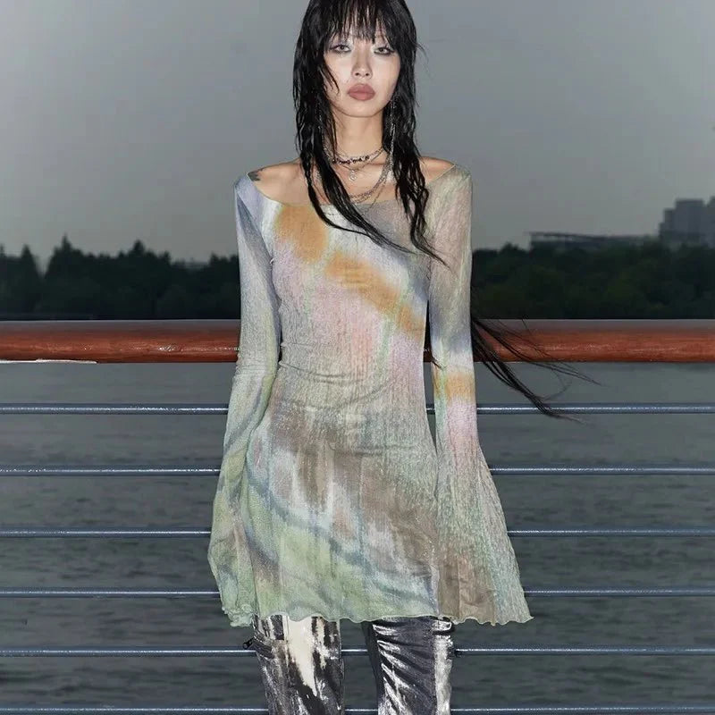 Glimmering tie-dye Ethereal Lagoon Sequin Dress shimmering.