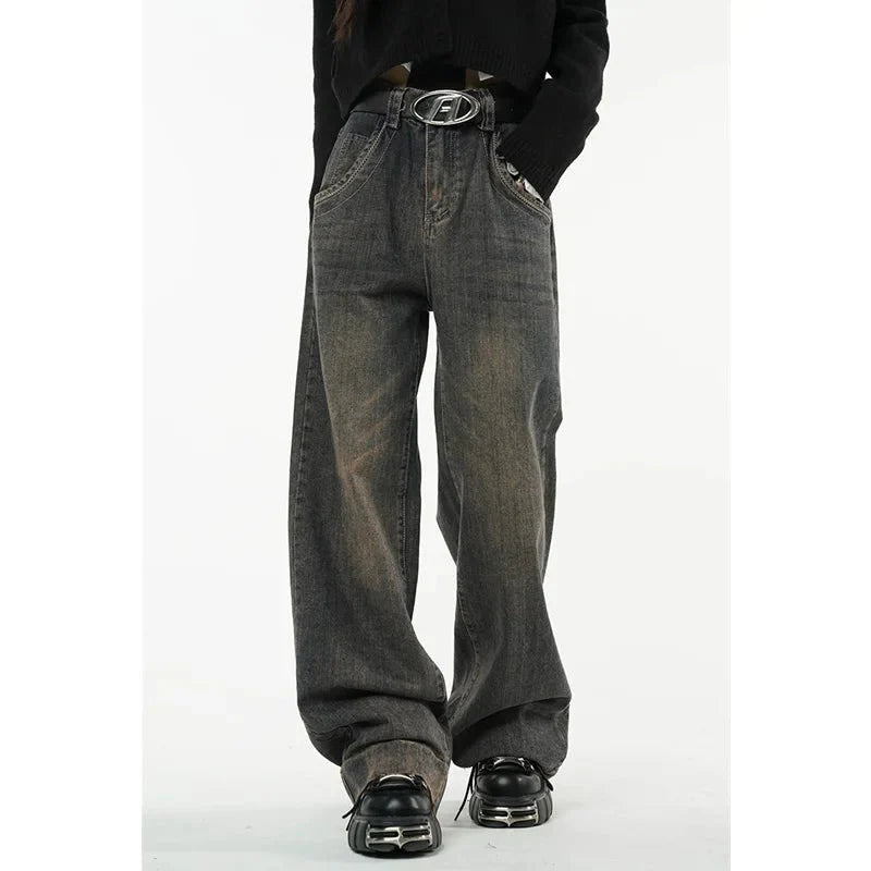 Deep blue Faded Grunge Baggy Jeans, distressed style.