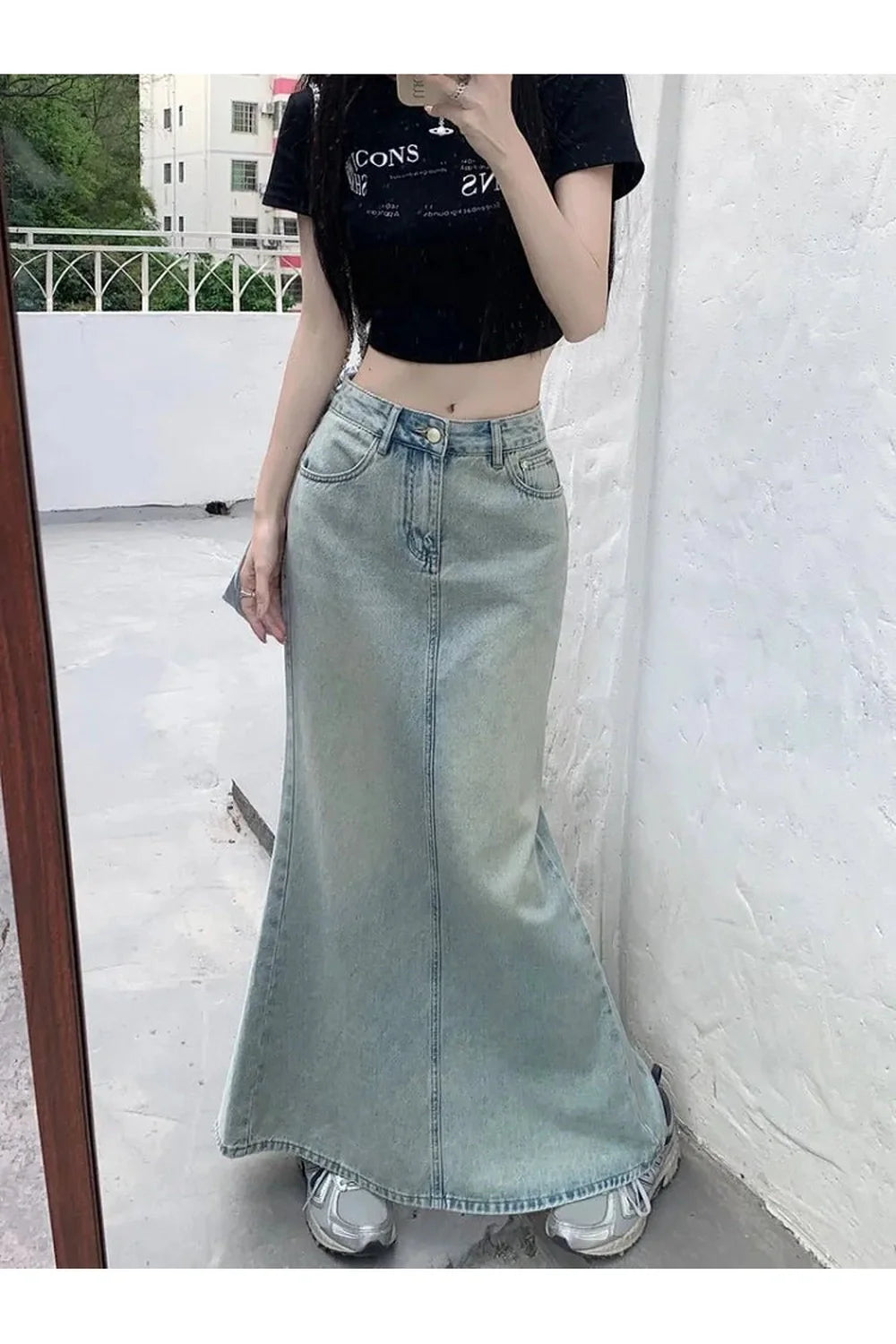 Blue Fish Tail Long Denim Skirt, elegant.