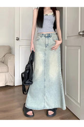 Blue Fish Tail Long Denim Skirt, elegant.