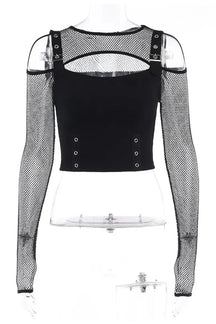 Edgy black fishnet patchwork crop top.