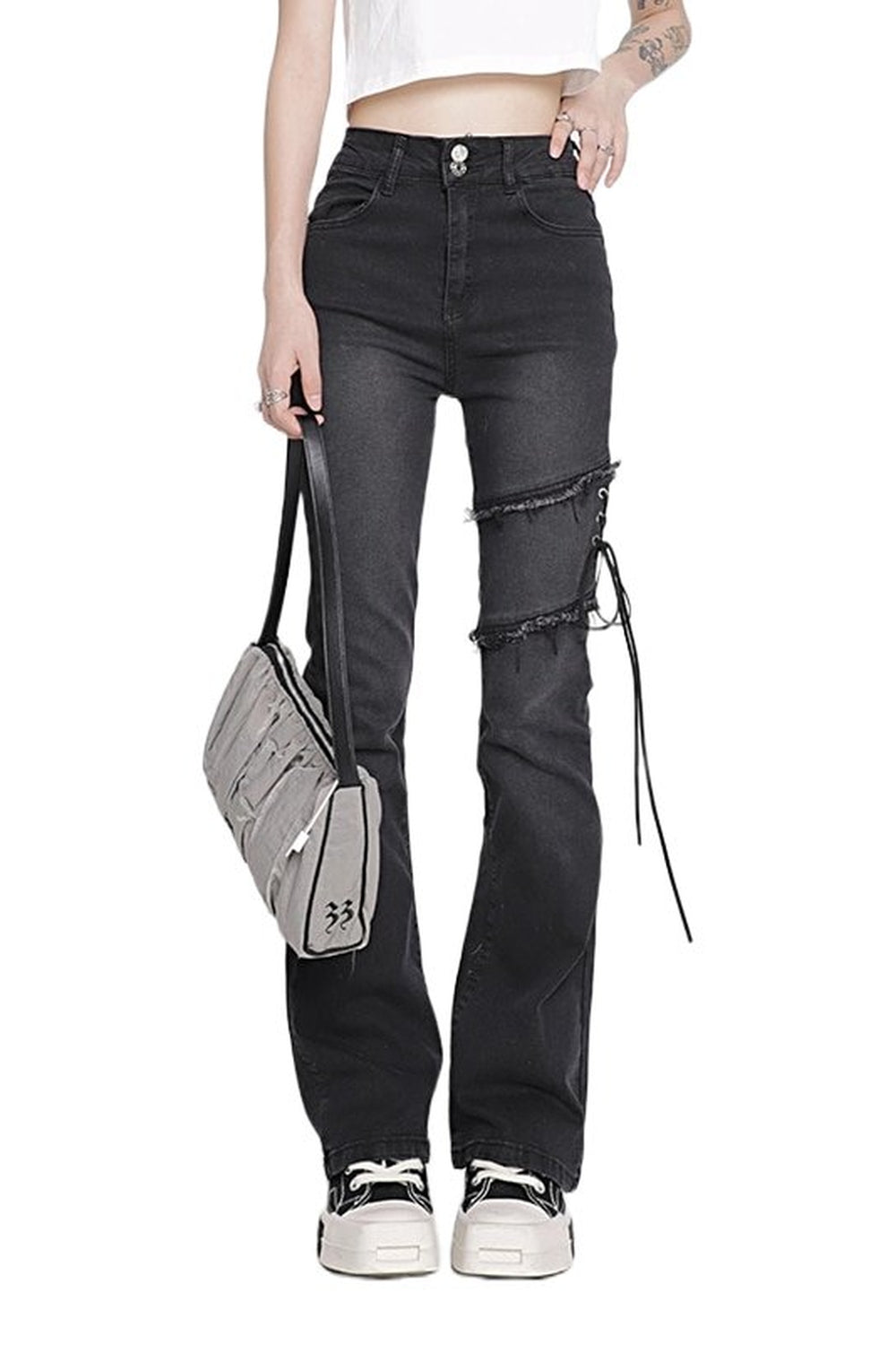 Flare Jeans Black Lacing High Waist