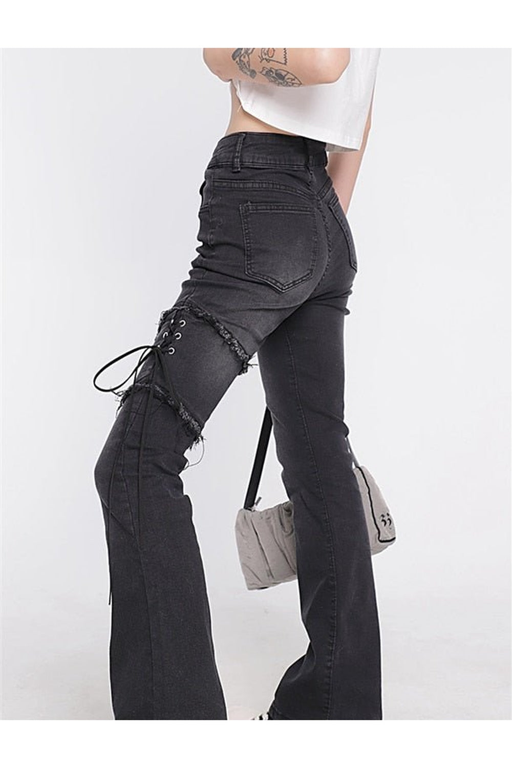 Flare Jeans Black Lacing High Waist