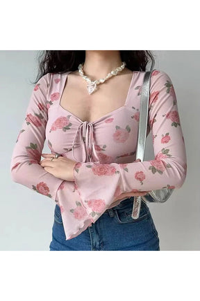 Pink Floral Bell Sleeve Crop Top with elegant design.