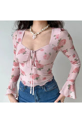 Pink Floral Bell Sleeve Crop Top with elegant design.