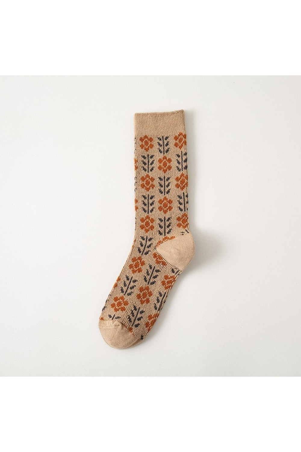 "Khaki Floral Cotton Retro Cute Socks for women."