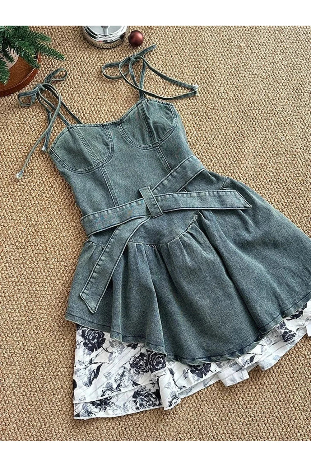 Blue Floral Denim Flare Dress with elegance.