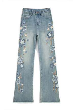 Blue Floral Meadow Embroidered Jeans, showcasing intricate details.