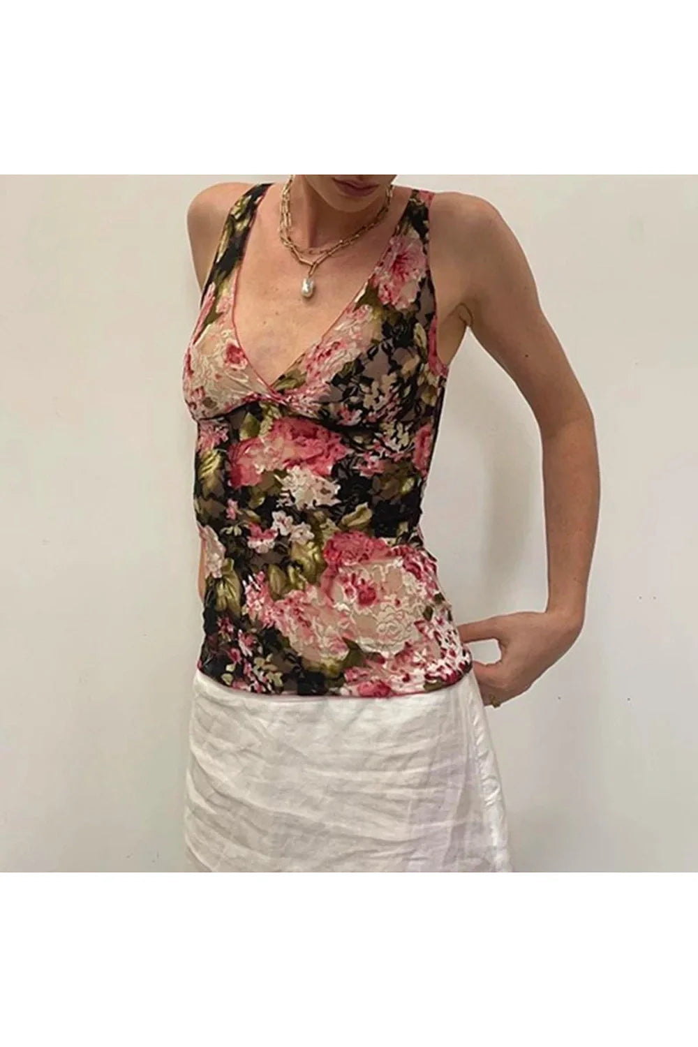 Floral Mesh Wrap Tank Top