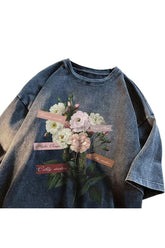 Blue floral washed cotton oversized t-shirt in blue.