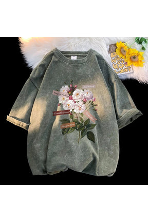 Dark Green Flowers Gothic Cotton T-shirt with elegance.