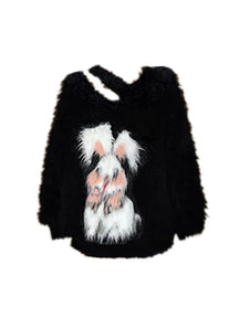 Cozy black Fluffy Bunny sweater exudes warmth.